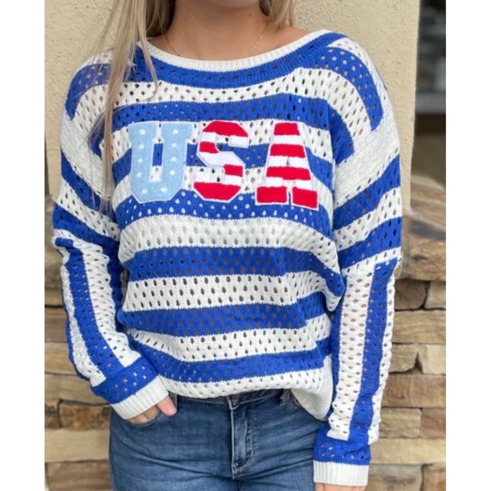 Miss Sparkling Boutique, Womens American Flag Stars Stripes Open Knit Sweater S